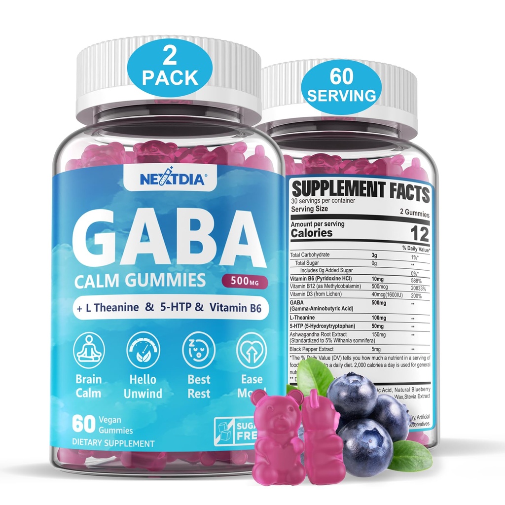 GABA Gummies 500 mg - Sugar- Free Call Gummies with L Theanine, 5-HTP, Vitaminer D3, B12, Ashwagandha, Melatonin-Free for Brain Calm, Mood, Zzz Better, GABA Supplement for Voksen, Blåbær Flavor, Vegan