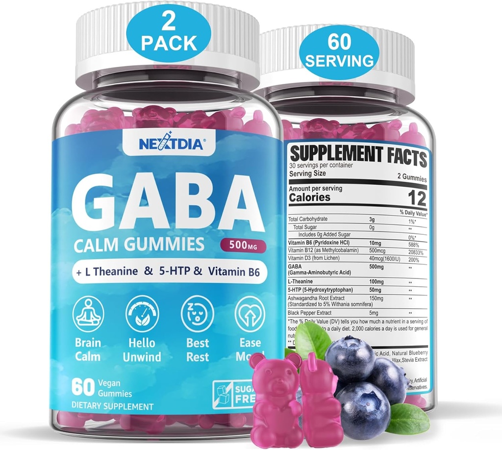 GABA Gummies 500 mg - Sugar- Free Call Gummies with L Theanine, 5-HTP, Vitaminer D3, B12, Ashwagandha, Melatonin-Free for Brain Calm, Mood, Zzz Better, GABA Supplement for Voksen, Blåbær Flavor, Vegan