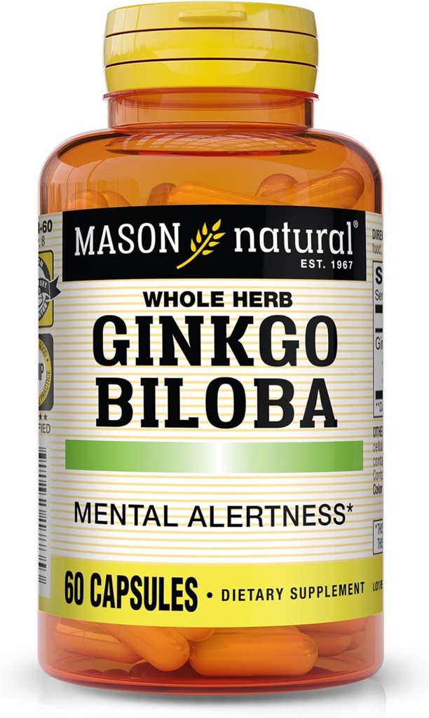 Mason Natural Ginkgo Biloba, 1 måned Tilgang, Hjælper med at forbedre mental alerness & Support Optimal Brain Funktion, 60 kapsler