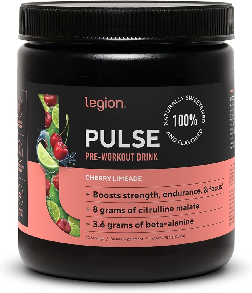 LEGION - Alle naturlige nitrogenoxid Preworkout Drink til Boost Energy, Creatin Free, naturligt sødet, Beta Alanine, Citrullin, Alpha GPC (Cherry Limeade)