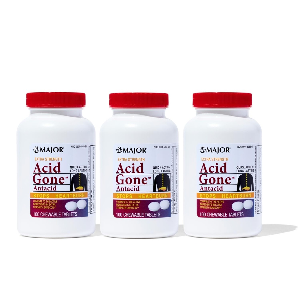 Større syre Gone Extra Strength Antacida Chewable Tablets - Anti- Acid Relief - Acid Reflux Medicin for voksne - Opsat Mave, Syre fordøjelsesbesvær, og Heartburn Relief - Long- Lasting - 100 Greve (3 Pack)