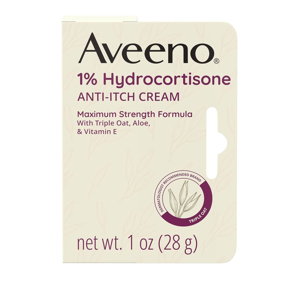Aveeno Maksimal styrke 1% Hydrocortison Anti- Itch Cream, Triple Oat, Aloe & Vitamin E For Itch Relief From Eczema, Psoriasis, Insect Bites, Poison Ivy, Oak & Sumac & Detergenters, 1 oz, 2 Pack