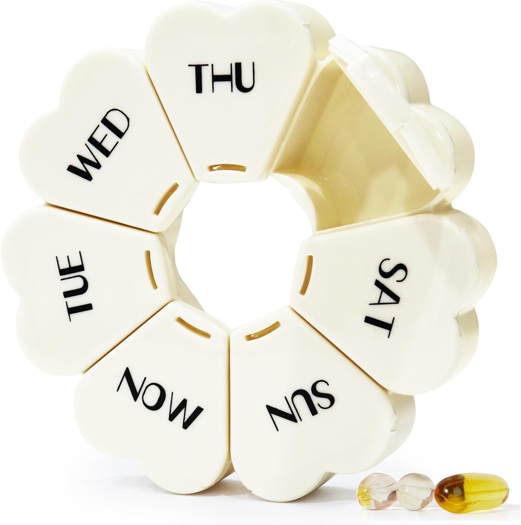 MOLN HYMY Stor Ugentlig Pill Box 7 Dag, Cute Pill Case Organizer 1 gang om dagen, Floral Pill Container Når dagligt, Pretty Medicine Dispenser for Vitamin / Fish Oil / Medicin / Kosttilskud (Mælkehvid)