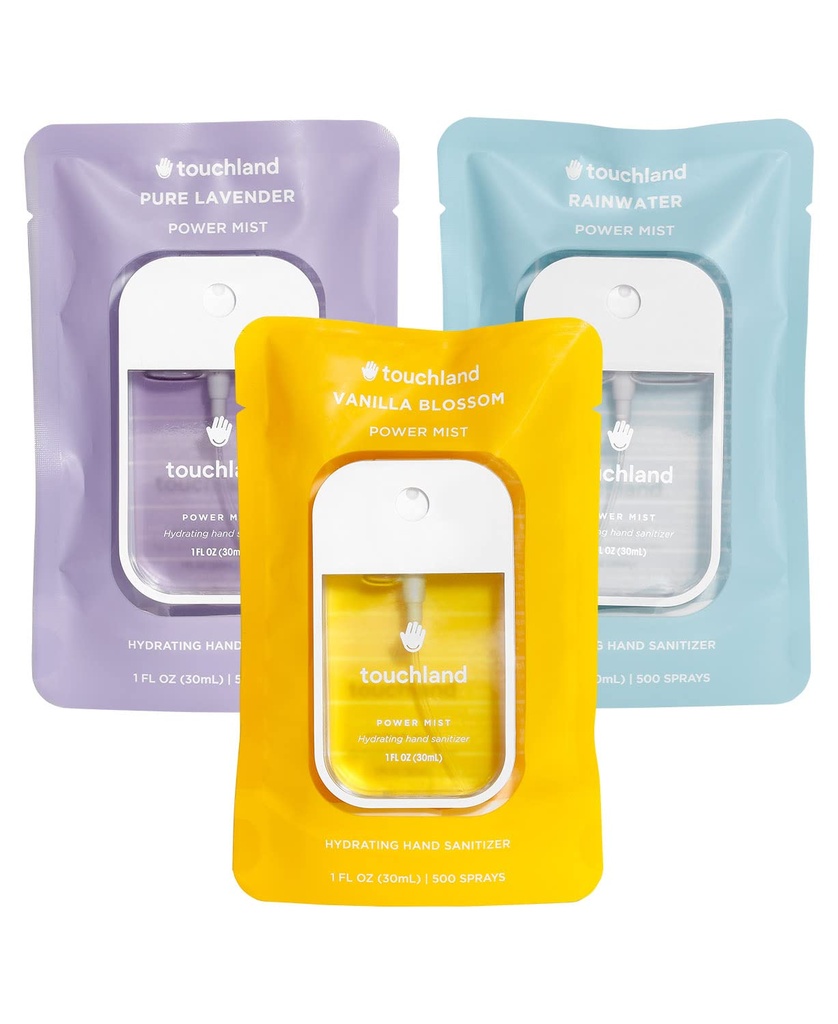 Touchland Power Mist Hydrating Hand Sanitizer Spray, BLOSSOM Trio Set (Lavendel, Vanilla, Rainwater), 1 FL. OZ. Rejsestørrelse (Sæt af 3)
