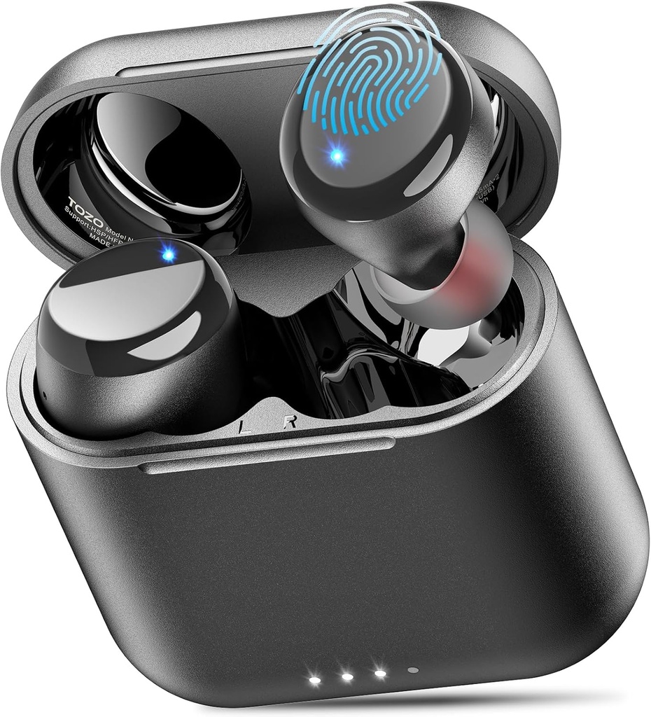 TOZO T6 Trådløse øresnegl, Bluetooth 5.3 Øresnegl, Stereo lyd i Ørehovedtelefoner, 50 timer Playtime, Trådløs opladning Case, APP Customizable EQs, IPX8 Vandtæt Earphones