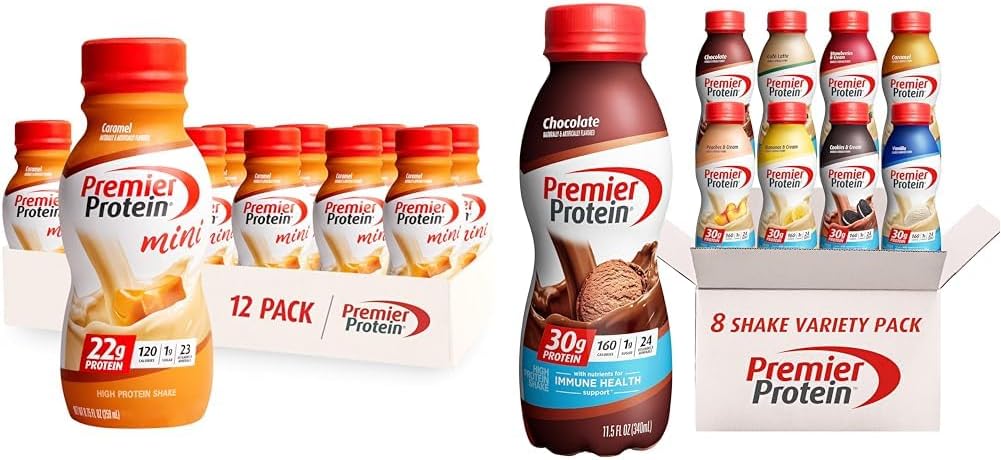 Premier Protein Shake MINIs Caramel 22g Protein 120 Calorie Pack med 12 & Protein Shake 8 Flavor Variety Pack 30g Protein 24 Vitamin & Min