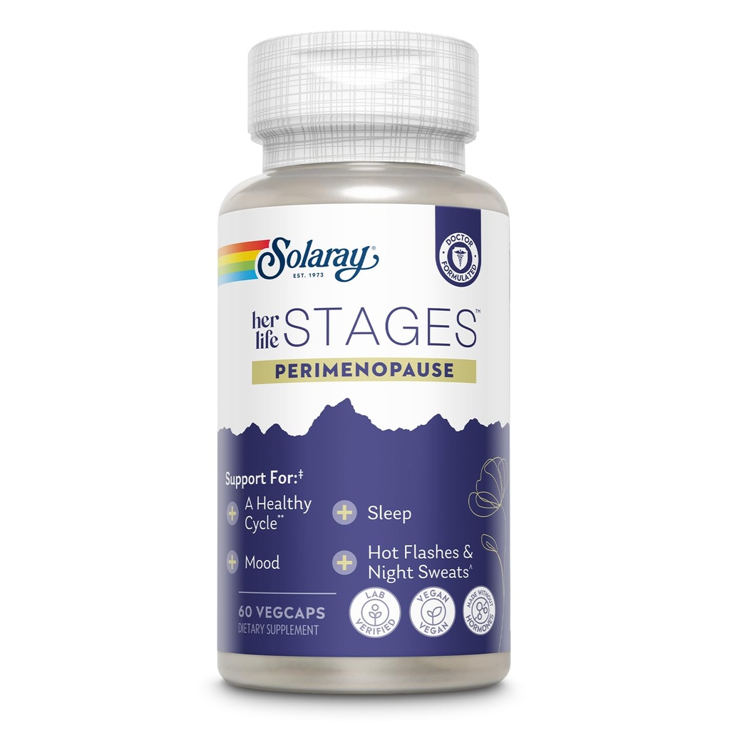 SOLARAY Perimenopause hendes livsstadier - Perimenopause Supplements Women - Hot Flashs, Menopause Support - Safran og Chasteberry - Made without Hormones - 60- Day Garanti - 30 Servering, 60 VegCaps