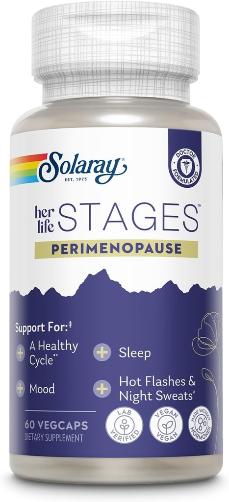 SOLARAY Perimenopause her Life Stages - Perimenopause Supplements Women - Hot Flashes, Menopause Support - Saffron and Chasteberry - Made Without Hormones - 60-Day Guarantee - 30 Servings, 60 VegCaps