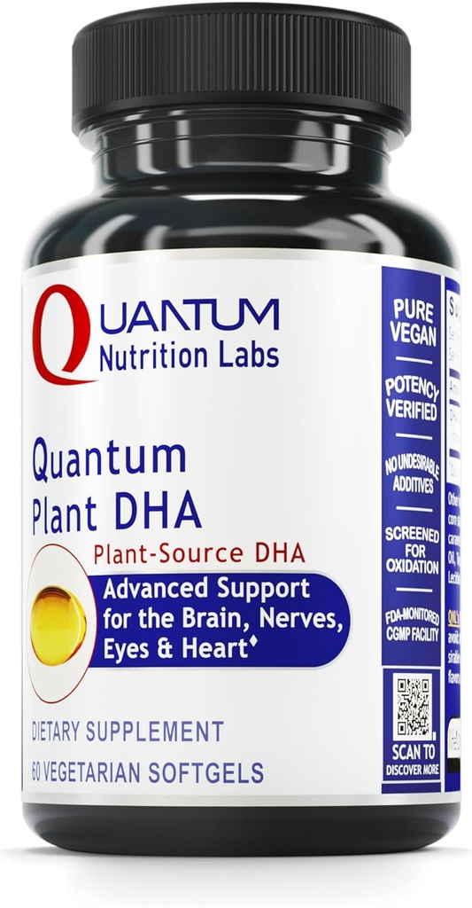 Quantum Nutrition Labs Plant DHA - Non-GMO Vegan DHA med Omega 3 Fedtsyrer, Alger baseret DHA for kvinder & mænd, Natural DHA supplement Velegnet til Vegans- 60 Vegetariske Softgel kapsler