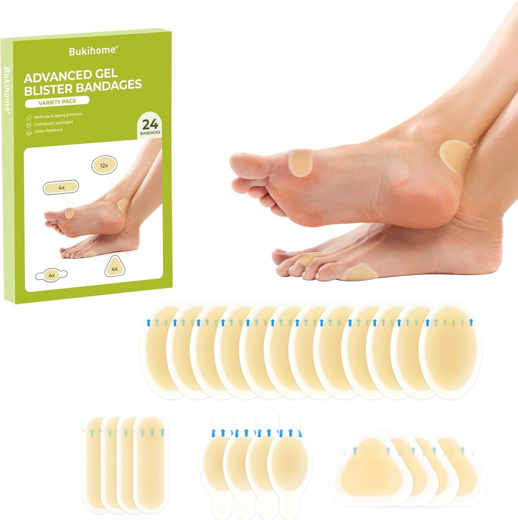 Gel Blister Hydrocolloid Bandage Padder- Bukihome 24 Count Blister Cushions til Foot, Toe, Heel - vand resistent Bandager, Blister Pads til forebyggelse og inddrivelse (Variety Pack)