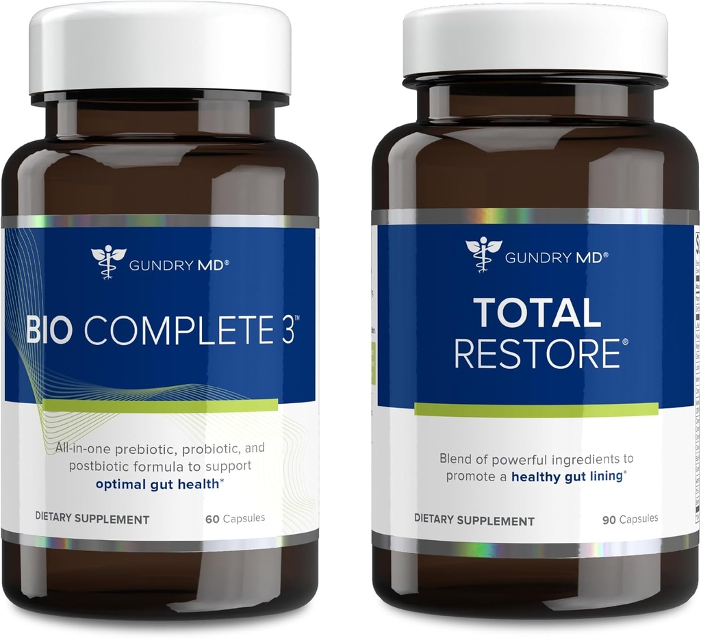 Gundry MD Bio Complete 3 og Total Gendanne Bundle - Prebiotic, Probiotic, Postbiotic til støtte Optimal Gut Sundhed