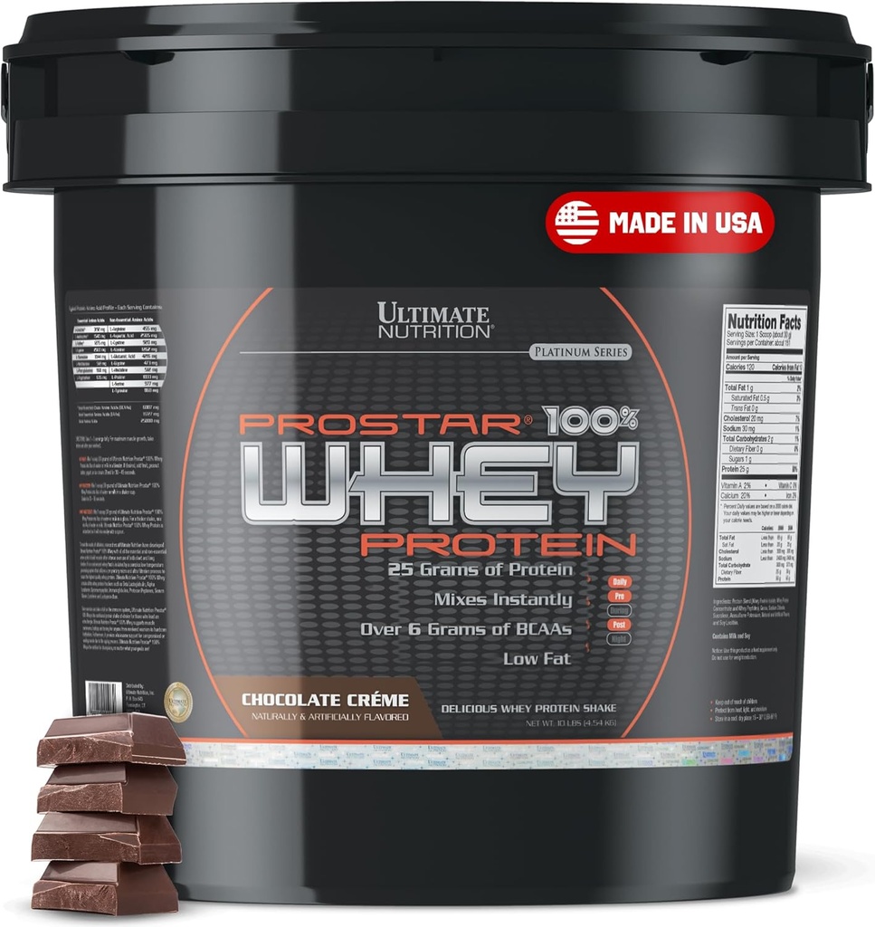 Ultimate Nutrition Prostar Whey Protein Powder Isolate, Chokolade - Lav Carb, High Protein Powder Shake for Muscle Gain & Recovery - Lavnatrium, Low- Fat & Keto Friendly - 10 lbs Bucket