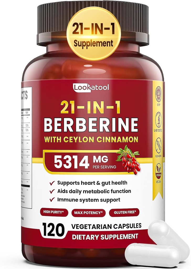 21 - in-1 Berberine Supplement med Ceylon Cinnamon - 1500mg Organic Berberine HCL Phytosome, 5X Højere Absorption for Metabolisme Support 100 Kapsler