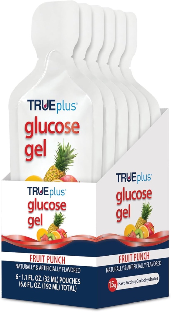TRUEplus Glucose Gel Pouch, Fruit Punch Flavor, 15g Fast-Fungerende Kulhydrater, Fedtfri, Gluten Free, Hurtig støtte til lavt blodsukker og energi, 6 Pack