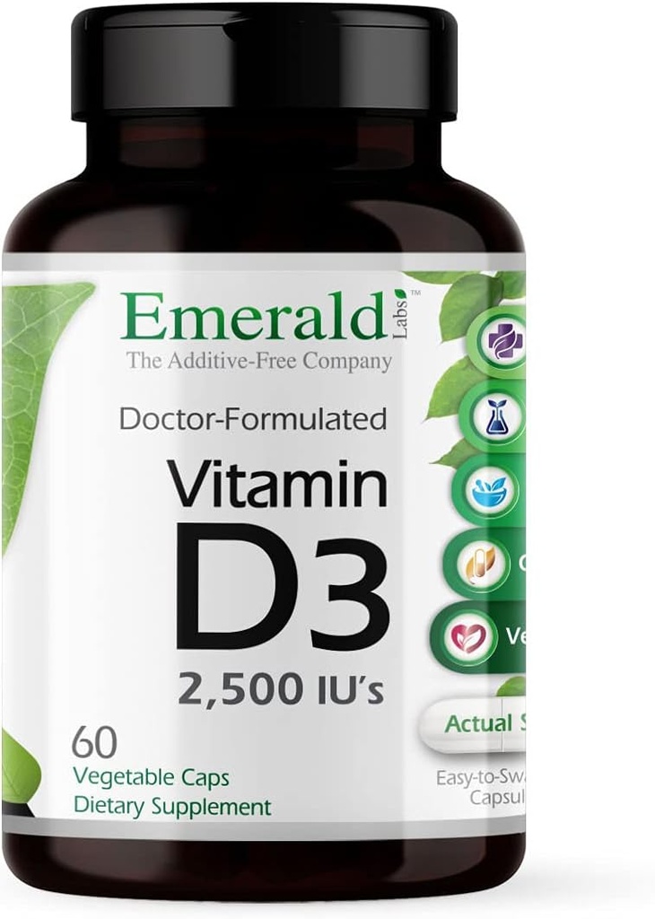 EMERALD LABS Vitamin D3 2,500 IU's - Supports Bone, Teeth, Muscle, Heart & Immune Health - Premium Dietary Supplement - 60 Vegetable Capsules (60-Day Supply)