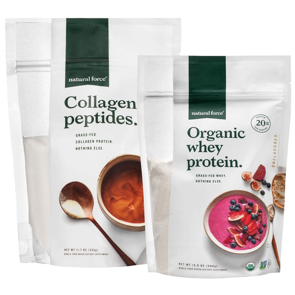 Natural Force Clean, Grass Fed Collagen Peptider + Unflavored Organic Whey Protein Bundle - Organic, Non GMO Whey Protein & Hydrolyzed Type I og III Collagen - 13.8 Ounce Bag og 11.7 Ounce Bag