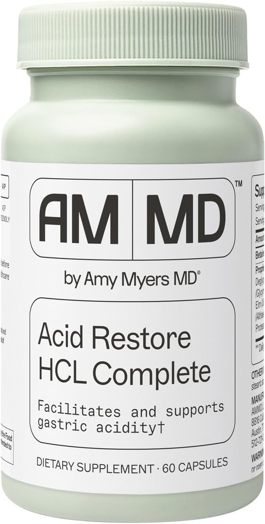 Amy Myers MD Acid Restore med Betaine & HCL - Supplement til fordøjelsesstøtte & Gut Health Support - med Slippery Elm Bark - Non- GMO, Gluten- Free & Non- Dairy - 60 kapsler (60 Servere)