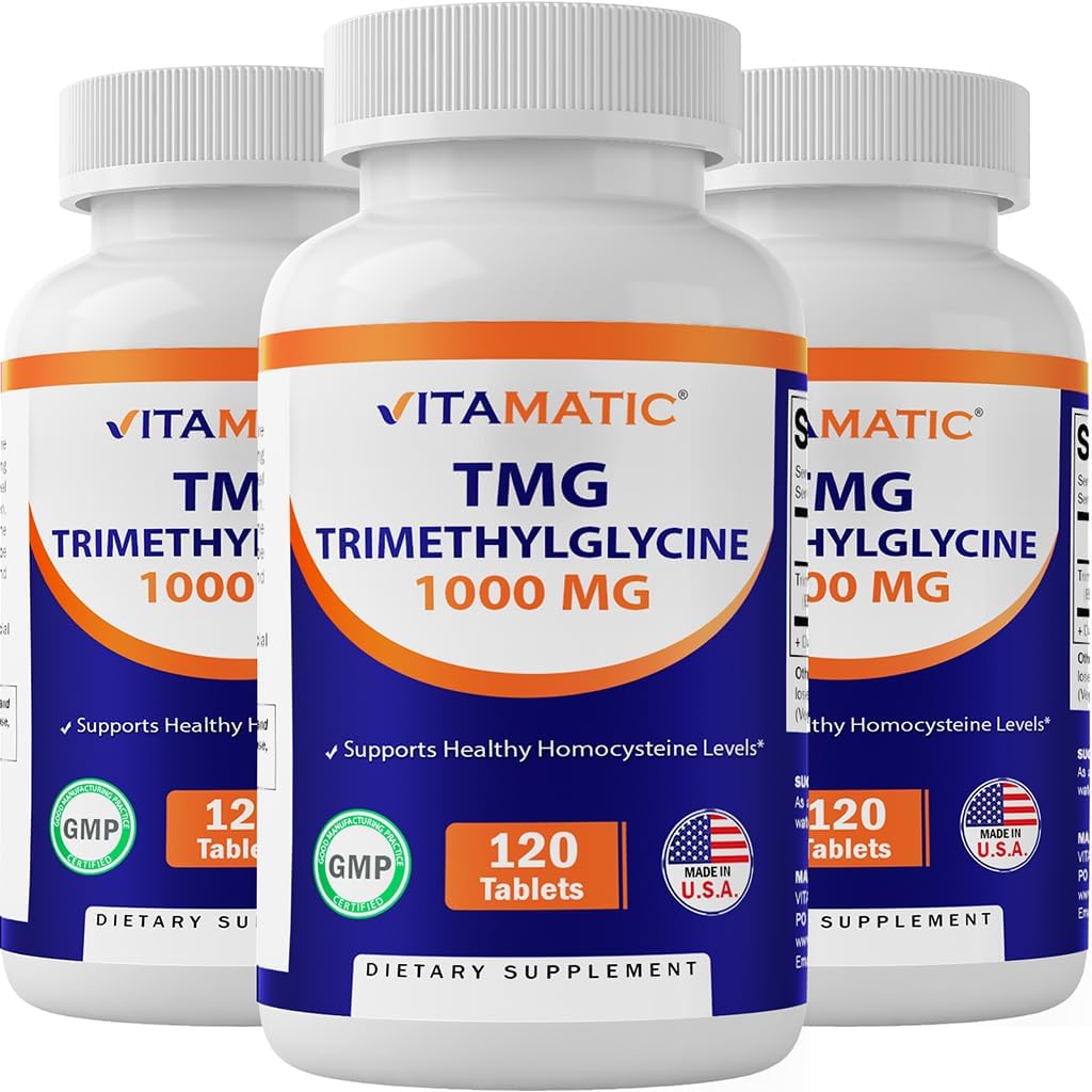 Vitamatisk TMG Kosttilskud 1000mg - Trimethylglycin - betain Vandfri - 120 tabletter - 120 servering - Non- GMO & Gluten Free (3 flasker)