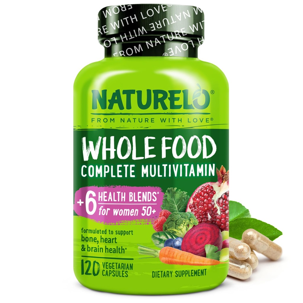 NATURELO hel mad Multivitamin til kvinder 50 + (jernfri) med vitaminer, mineraler, & økologiske ekstrakter - supplement til post-menopausale kvinder over 50 - ingen GMO - 120 Veganske kapsler