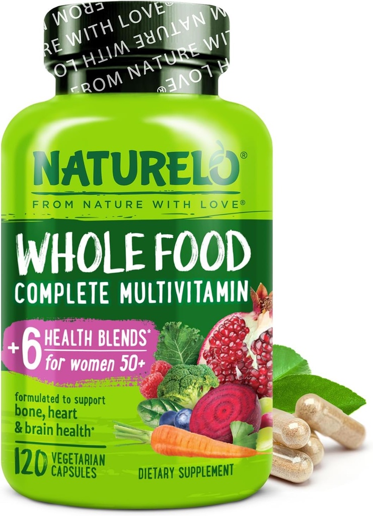 NATURELO hel mad Multivitamin til kvinder 50 + (jernfri) med vitaminer, mineraler, & økologiske ekstrakter - supplement til post-menopausale kvinder over 50 - ingen GMO - 120 Veganske kapsler