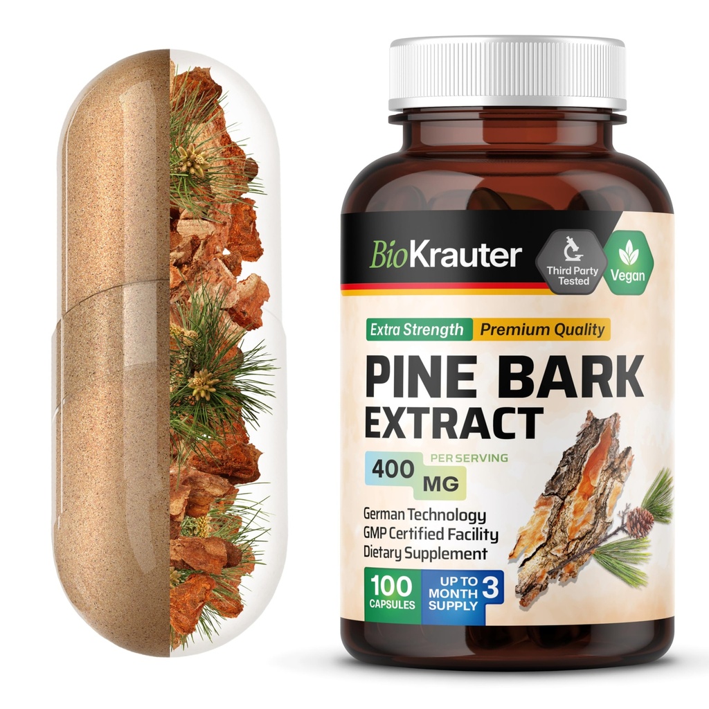 BIO KRAUTER Pine Bark Uddrag Kapsler 400 mg - 100 Tæl - Antioxidant Supplement - 95% Proanthocyanidin - Pine Bark Supplement - Vegan, Ingen Fillers