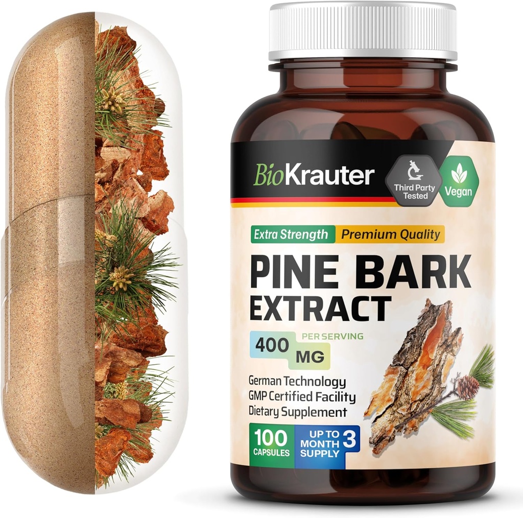 BIO KRAUTER Pine Bark Uddrag Kapsler 400 mg - 100 Tæl - Antioxidant Supplement - 95% Proanthocyanidin - Pine Bark Supplement - Vegan, Ingen Fillers