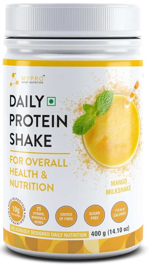 Generisk QURA Daglig protein Shake 118 kcal kalorier, 25 Vitamin, Mineraler & 7 Urter, Give energi, Support Immunity & knogle Health- For mænd & kvinder Mango Milk Shake Flavor -400Gm- 40 Servering