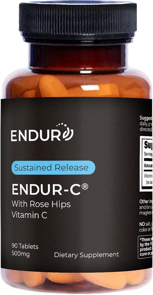Endur ENDUR- C vitamin C med Rose HIPS, Understøtter Collagen produktion, Antioxidant Protection & Gentle fordøjelse, Gluten Free, 500mg (90 tabletter)