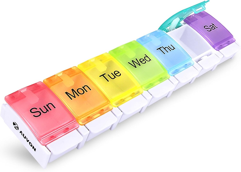 AUVON Weekly Pill Organizer Gigt Friendly, BPA Gratis Rejser 7 Day Pill Box Case med Spring Open Design og stort udvalg til at holde vitaminer, torsk leverolie, kosttilskud og medicin