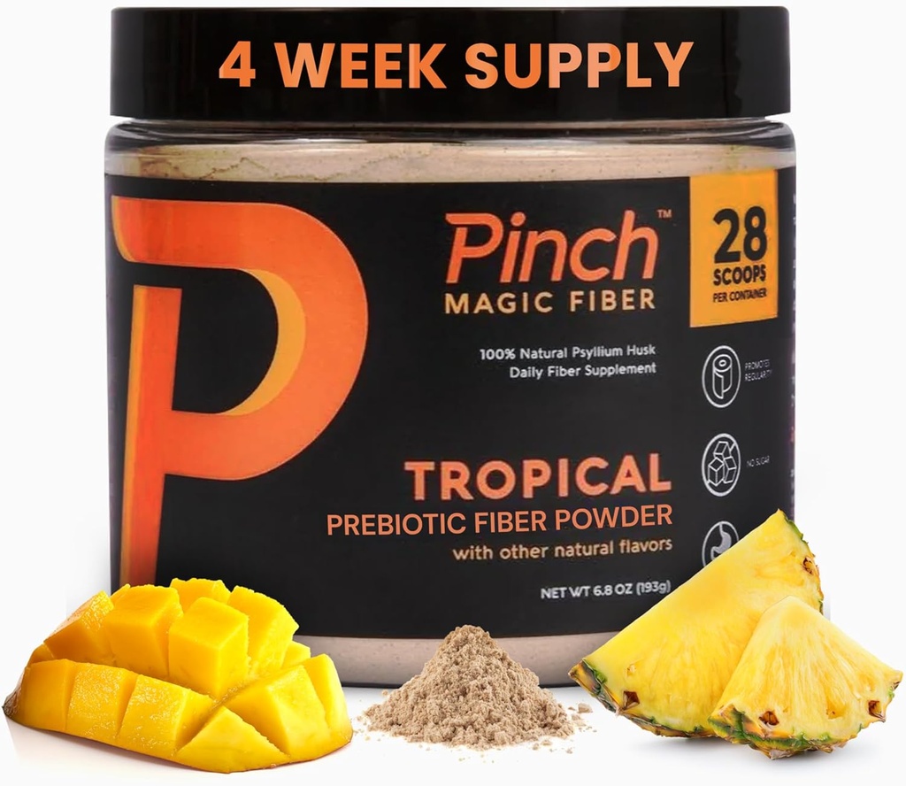 Pinch Magic Sugar Free Fiber Powder - Light Tropical Flavor Psyllium Husk med bromelain & Vitaminer C & D - Vegan, Gluten- Free, Clean Label, USA- Made, GMP- Certified - 28-Day Supply
