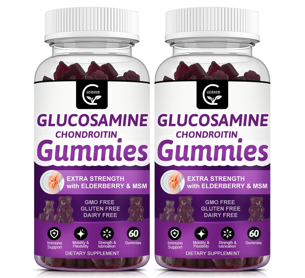 Glucosamin Chondroitin Gummies med MSM & Elderberry Extra Strength - Fleksibilitetsunderstøttelse, Antioxidant Immunsupport for voksne, Mænd & Kvinder - 60 Chondroitin Gummies (2 Pack)