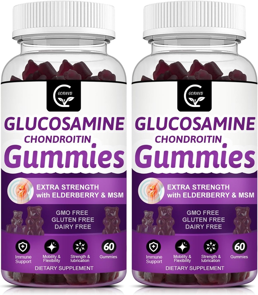 Glucosamin Chondroitin Gummies med MSM & Elderberry Extra Strength - Fleksibilitetsunderstøttelse, Antioxidant Immunsupport for voksne, Mænd & Kvinder - 60 Chondroitin Gummies (2 Pack)