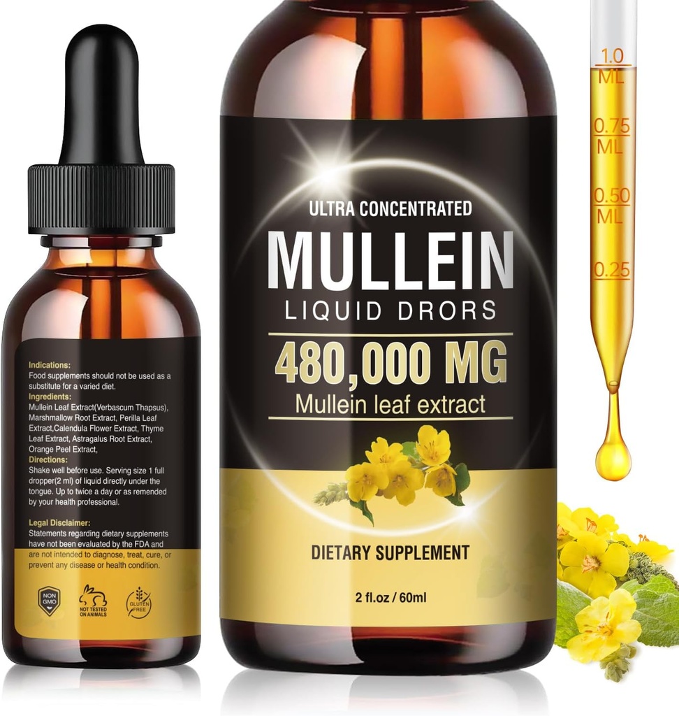 Mullein Dryps til Lungs 480,000 Mgmg, 13 i 1 Vegan Mullein Leaf Extract 1600MG for Lung Detox & Cleanse, Respiratoriske, immunforsvar med Marshmallow Root, Perilla og Orange Peel Non- GMO 2 Fl OZ