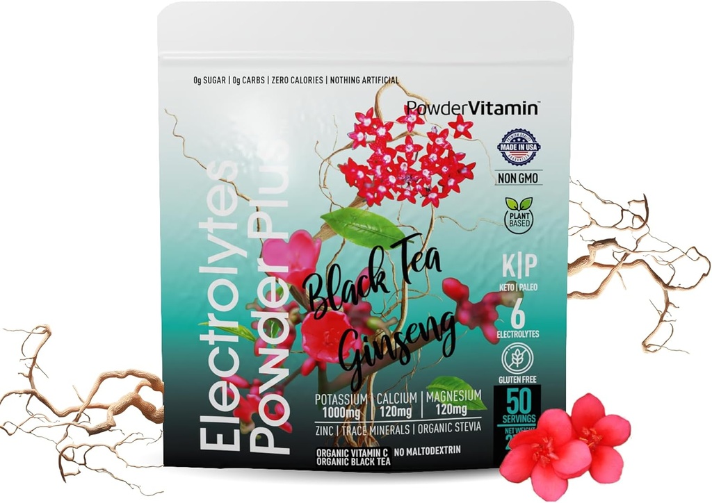 PowderVitamin Electrolytes Powder Plus (50 Servering) Black Tea Ginseng Electrolyte Powder Keto, Sugar Free, Pink Himalayan Salt, 1000mg Kalium, 120mg Calcium, 120mg Magnesium, Hydration Powder