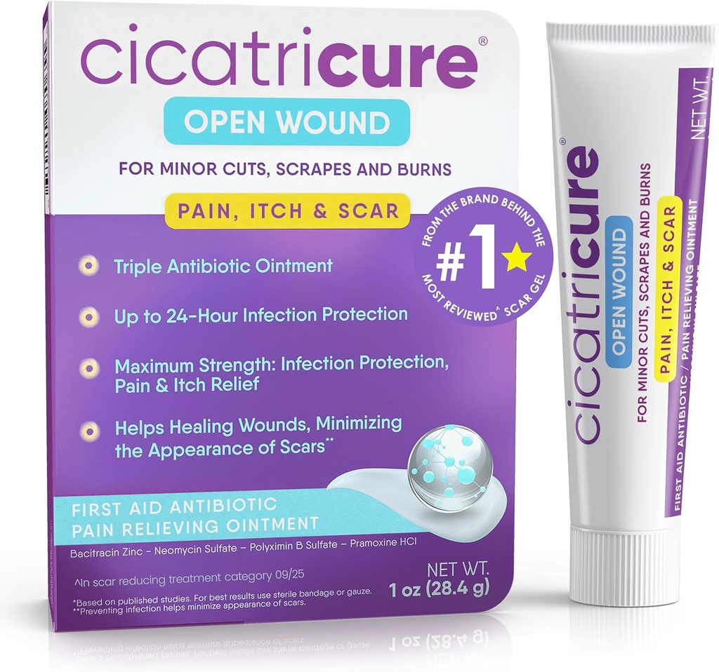 Cicatricure Triple Antibiotisk Salve med smertestillende, Bacitracin Antibiotisk Salve & Cream til Sårpleje, Healing Salve for Cuts, Burns, Insect Bites, Førstehjælp Forsyninger Væsentlig, 1 oz