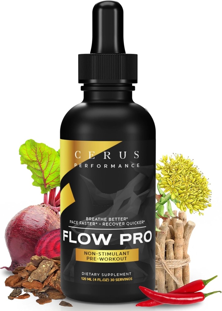 Cerus Performance Flow Pro Stimulant- Free Endurance Pre- Workout - Øger Stamina, Understøtter hjertesundhed med naturlige urter, Vegan- Friendly - 4 Fl Oz
