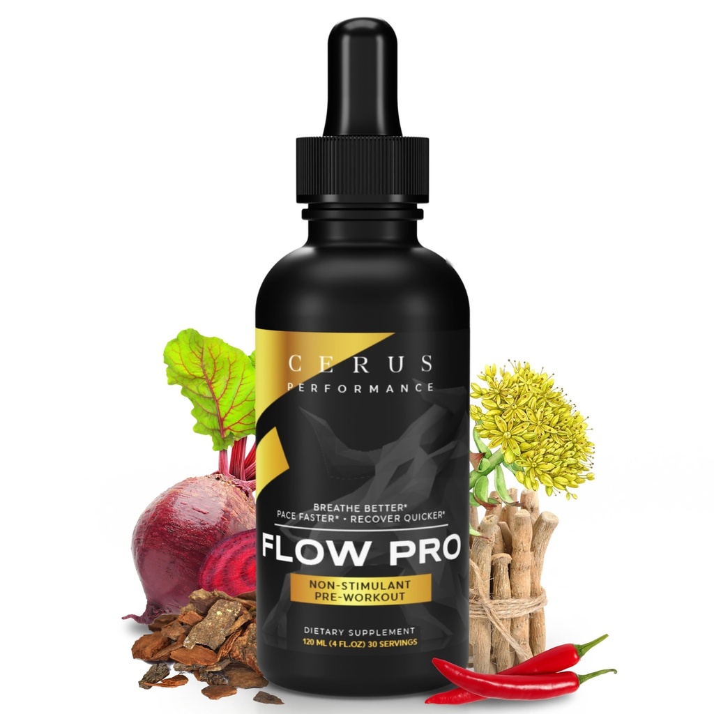 Cerus Performance Flow Pro Stimulant- Free Endurance Pre- Workout - Øger Stamina, Understøtter hjertesundhed med naturlige urter, Vegan- Friendly - 4 Fl Oz