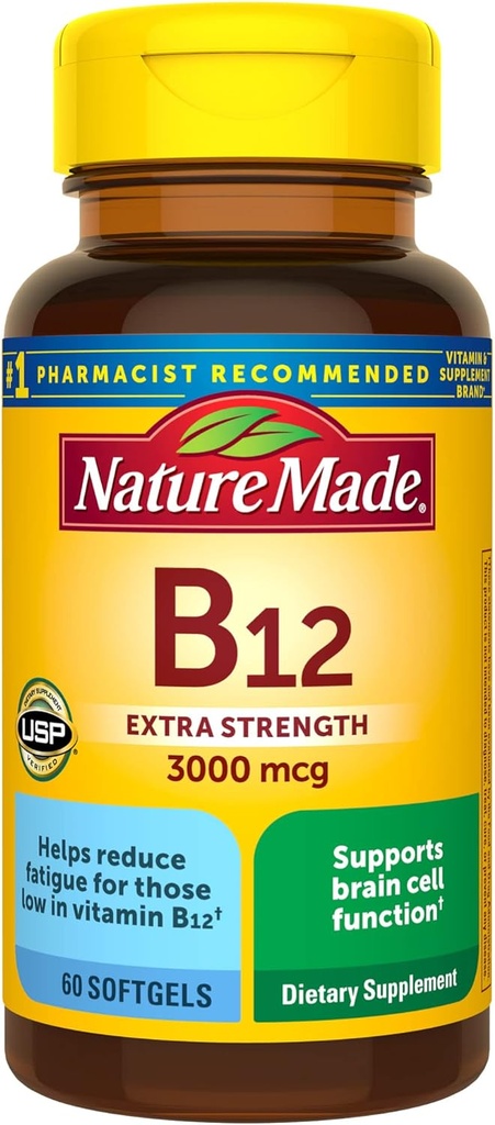 Nature Made Extra Strength Vitamin B12 3000 mcg, Kosttilskud til energi Metabolisme Support, 60 Softgels, 60 Day Supply