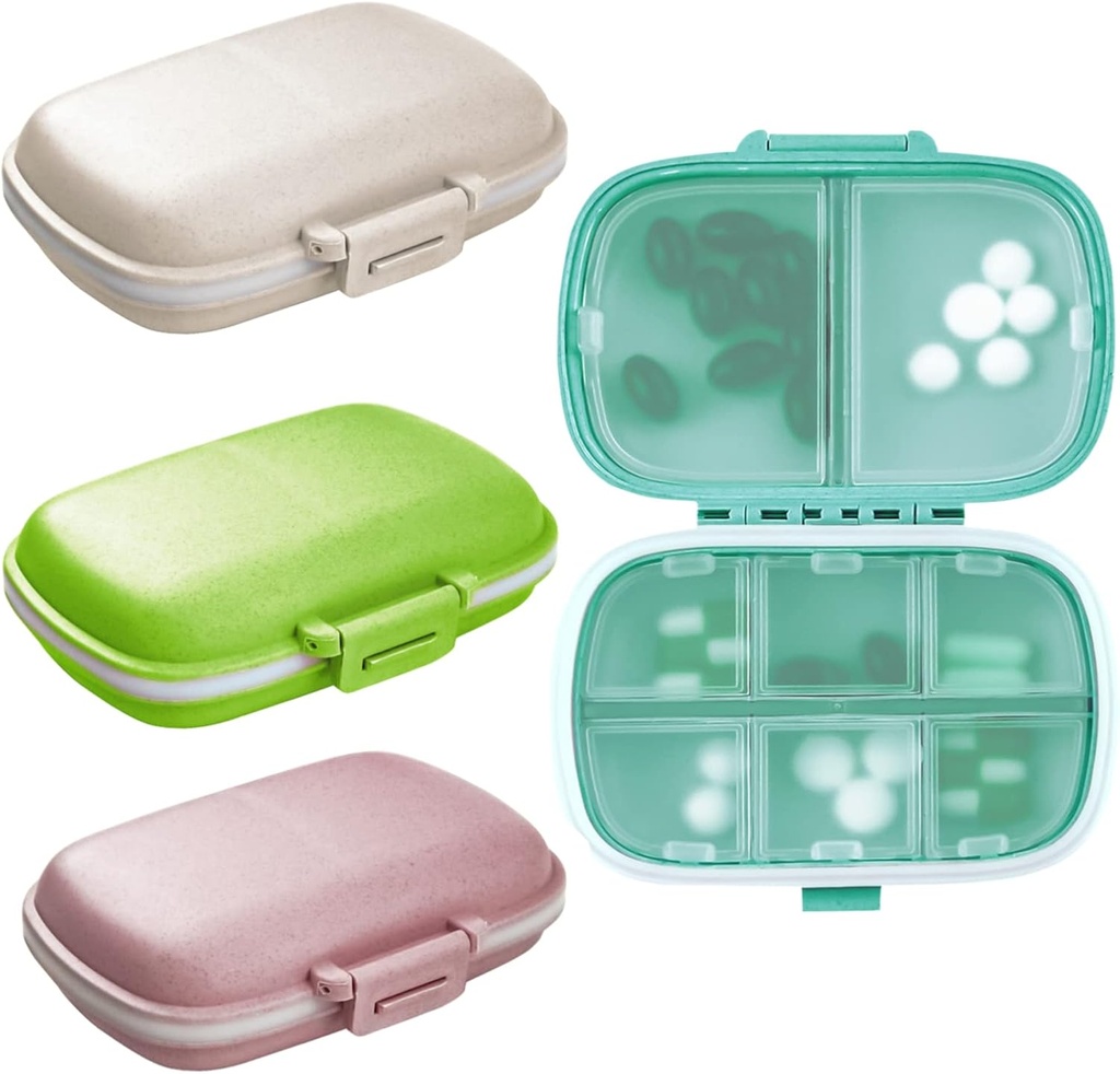 4PCS Travel Pill Organizer, 8 Compartments Portable Pill Case, Small Pill Box for Pocket Purse Portable Medicine Vitamin Container (Green+Blue+Pink+Beige)