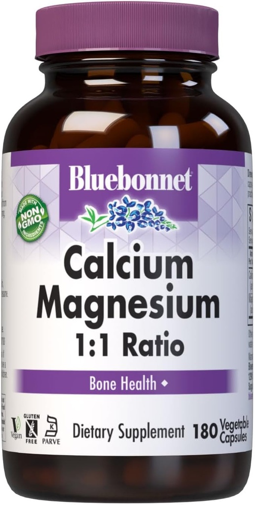 BlueBonnet Calcium Magnesium 1:1 Ratio Vegetarian Capsules, 180 Count, White