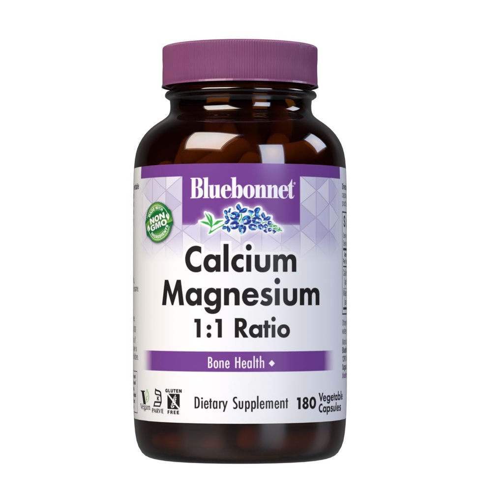 Bluebonnet Calcium Magnesium 250 mg 1:1 Ratio Daily Bone Health Vegan Calcium Supplements for Women & Men - Non-GMO, Kosher, Gluten-Free, Soy-Free, Dairy-Free Bone Supplement - 180 Vegetable Capsules