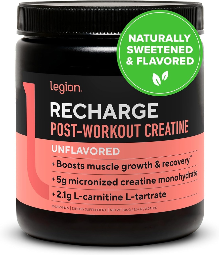 LEGION Recharge Post Workout Supplement - All Natural Muscle Builder & Recovery Drink med mikroniseret Creatin monohydrat naturligt sødet & smag (Unflavored, 30 Servering (pakke med 1)