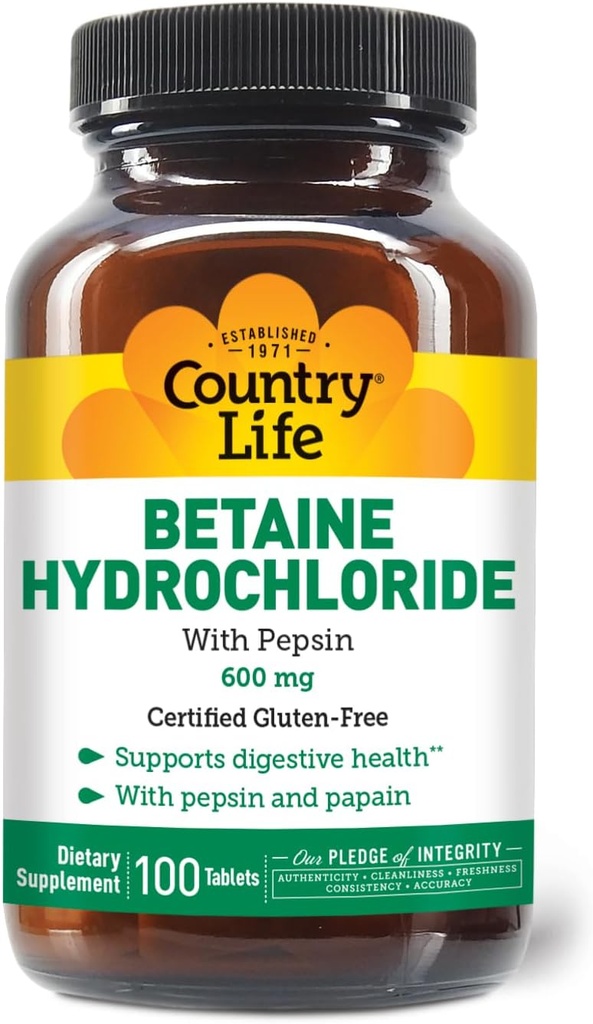 Country Life Betaine Hydrochlorid with Pepsin, 600mg, 100 tabletter, Certified Gluten Free