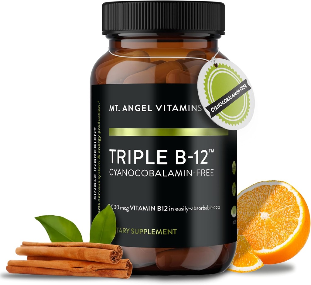 Mt. Angel Vitaminer - Triple B- 12 Dots Name 124; Fast- Opløsning Dots, Blend of Methylcobalamin, Adenosylcobalamin & Hydroxocobalamin, Understøtter Energi og Nervesystemet Sundhed - 60 Dots