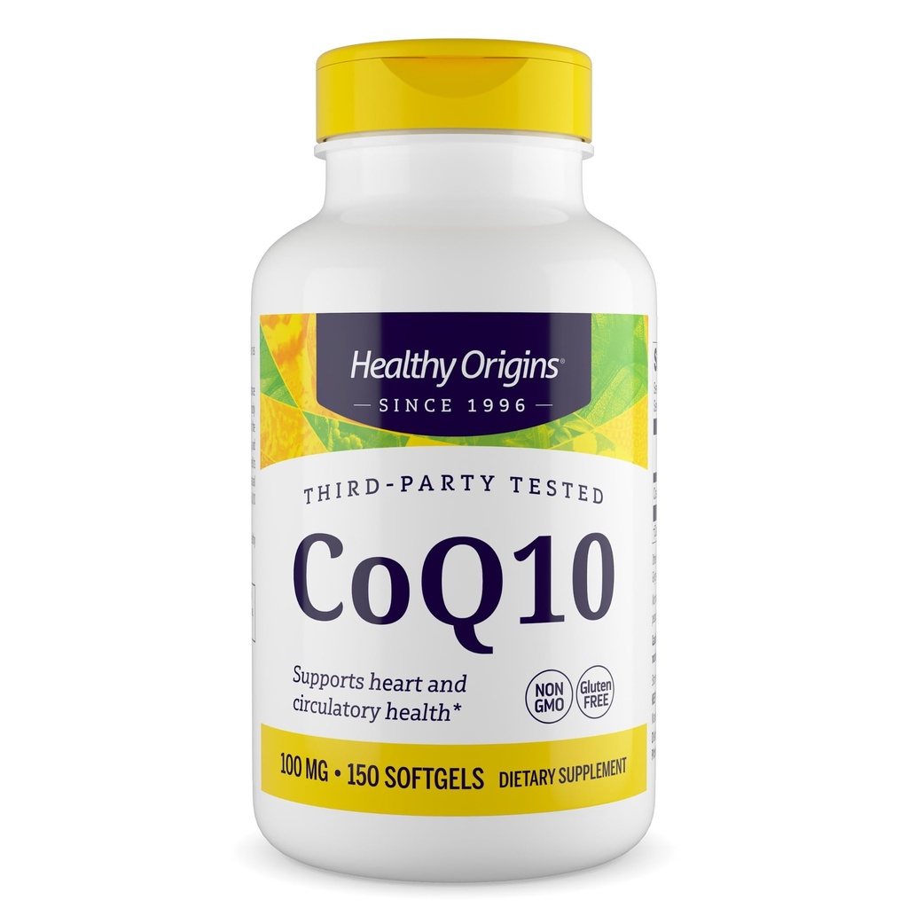Sund oprindelse ® CoQ10 100 mg - Natural Trans- Isomer Ubiquinone - Gær gæret, Understøtter hjertesundhed & cellulær energi - Non- GMO 150 Softgels