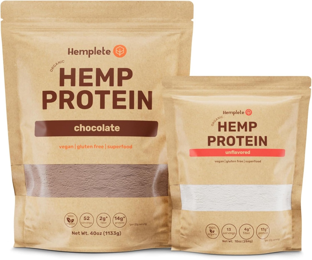 Hamp Vegan Protein Powder for Heart and Brain Health, Easy to Digest Plant Protein for Muscle Building and Recovery, 9 Essential Aminosyrer, (Chocolated40oz og Unflavored10oz)