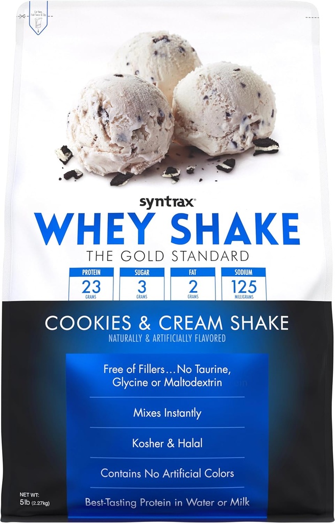 Syntrax Nutrition Whey Shake, Cold Filtreret & Ikke denatureret Whey Protein Powder Blend, Cookies & Cream Shake, 5 lbs, Real Cookie stykker