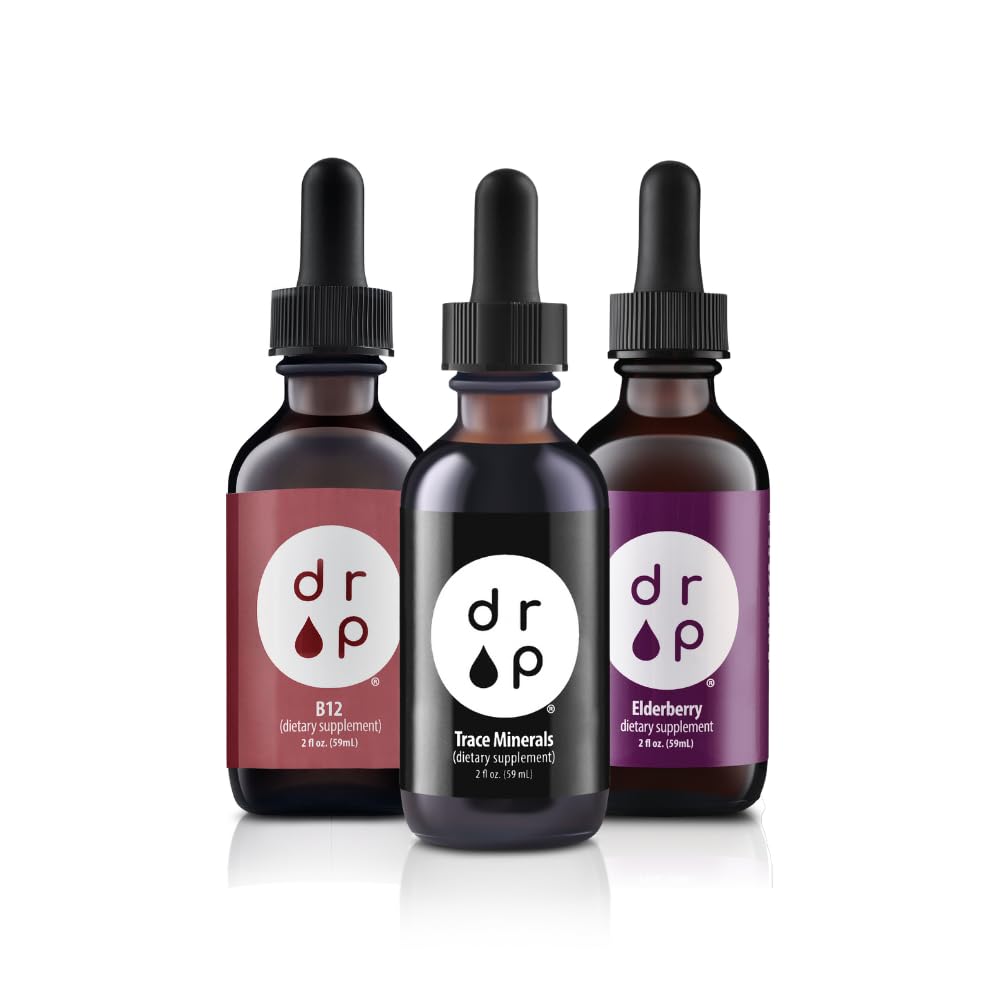 Drop Kosttilskud Organic Trace Mineral Drops, Elderberry Drops og Vitamin B12 Drops Bundle