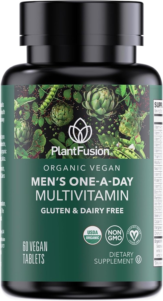 PlantFusion Økologisk Multivitamin til mænd - En daglig hel fødevareblend Mænds Multivitamin - Vegan, Non- GMO, Gluten Free & Dairy Free - 60 tabletter (2 måneder Tilgang)