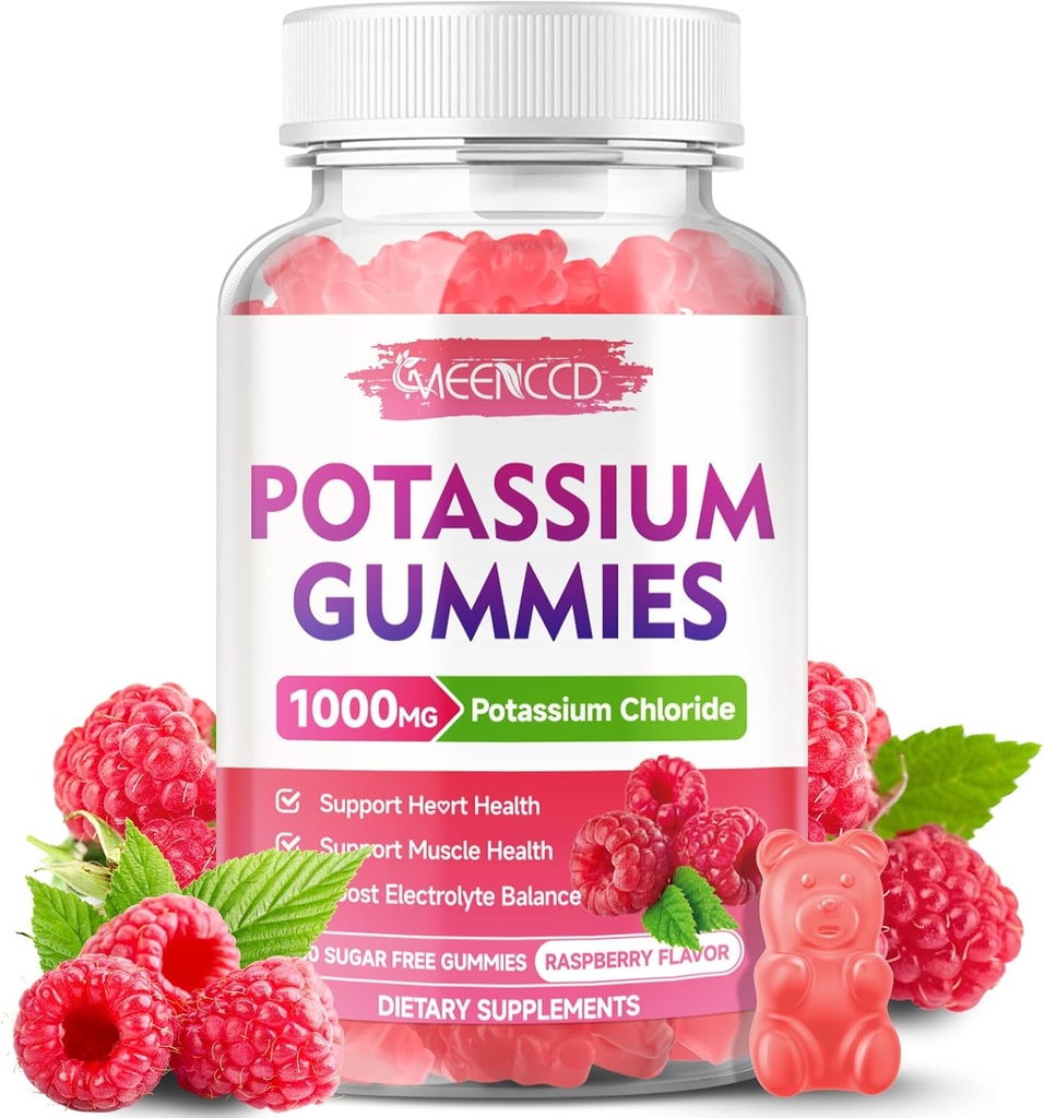 Kalium Gummies, Kalium Chloride 1000mg for voksne, Sugar- Free Kalium Supplement Gummies Support Electrolyte Balance & Ben kramper for kvinder & mænd, Raspberry Flavor, 60 Greve